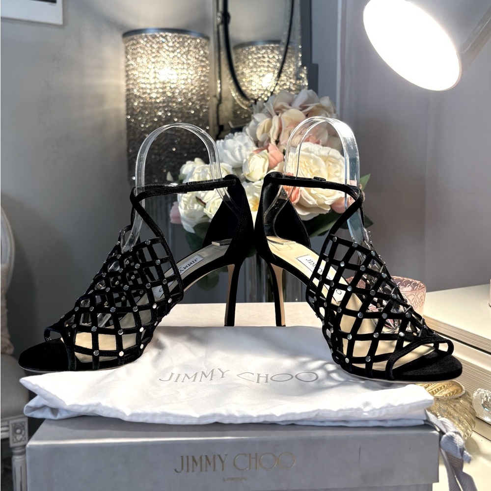 👠NWT Jimmy Choo Donnie 85.  Black Suede Sandal with Studs.  US 7, IT 37.5.